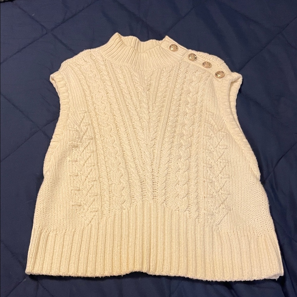 Talbots Cream Cable Knit Turtleneck Sleeveless Sweater